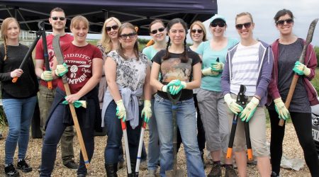 Group of volunteers with work tools